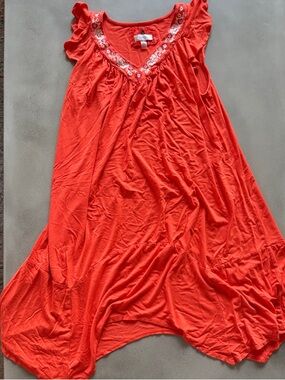 Cupio Coral Red Embroidered V-Neck Chemise